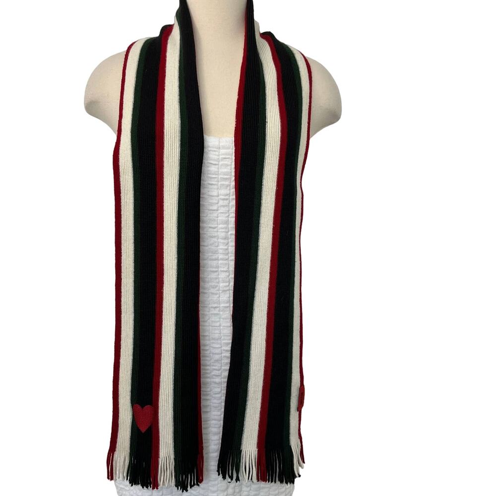 Moschino Striped Long Scarf with Heart Embroidery Fringe Black Green White Red